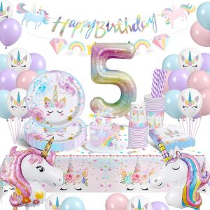 Mevronisshop-Ensemble De Vaisselle De F&ecirc;te Au Motif De Licorne, Pour F&ecirc;te D'anniversaire De 5 Ans, Pour Fille De 5 Ans, Assiettes En Carton, Gobelets, Nappe, D&eacute;coration Pour 16 Invit&eacute;s - Neuf
