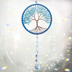 MEVRONISSHOP-Pendentif Arbre de Vie en Cristal Suncatcher pour Voiture - Miroir Suspendu - Cristaux - Ornement - Prisme - Arc-en-Ciel - pour fen&ecirc;tre - D&eacute;coration de Jardin - Bleu - Neuf
