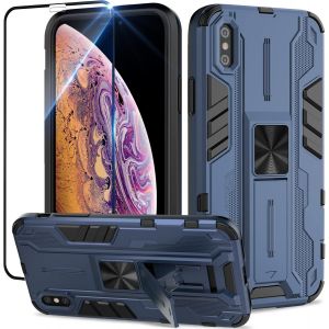 Kal-Coque Pour Iphone Xs Max Avec Verre Trempé, Outdoor Antichoc De Qualité Militaire Coque Avec Béquille Anti Rayure, Compatible Support De Voiture Magnétique - Bleu - Neuf