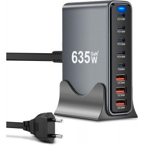 Chargeur Usb C 635w 8 Ports, Gan Iii Station De Charge, Chargeur Usb C Avec 5 X Usb-C Pd + 3 X Usb-A Qc4.0, Chargeur Rapide Pour Phone 16/15/14 Pro Max, Samsung Galaxy, Macbook, Pad, Laptop - Neuf