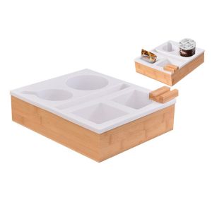 Plateau Porte-Gobelet En Silicone Et Bambou Pour Canap&eacute;, Avec Support Pour T&eacute;l&eacute;phone Et Compartiments Pour Boissons Et T&eacute;l&eacute;commandes - Neuf