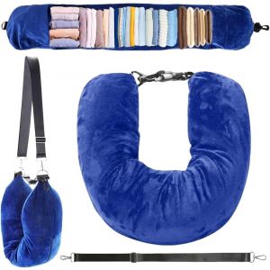 Coussin De Voyage Avion,Remplissable Tour De Cou Avion, Coussin Voyage Avion, Multifonctionnel Portable Avec Bretelles Réglables Amovibles,Espace De Stockage Supplémentaire (Bleu Foncé) - Neuf
