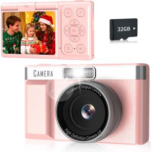 KALANKA-Appareil Photo Enfant FHD1080P, Appareil Photo Numérique 32 Go, équipé d'un écran Basculable 180° 2'', Batterie 1200mAh Appareils Photos Numériques pour Enfants 5 Jeux Puzzle, Cadeaux pour En - Neuf
