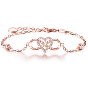 Boucle D'oreille En Argent 925 Avec Zirconium Cubique Rose Or Coeur Infini Pour Femme, Bracelet Ajustable 21,5 Cm - Neuf