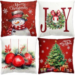 CAUC-Rouge Housse Coussin Noel - 4pcs Decoration Noel Interieur Maison Housse Coussin Noel 45x45, Taies d'oreiller de No&euml;l en Lin pour Chambre, Canap&eacute;, Christmas Decoration, D&eacute;coration Noel Int&eacute;rieur - Neuf
