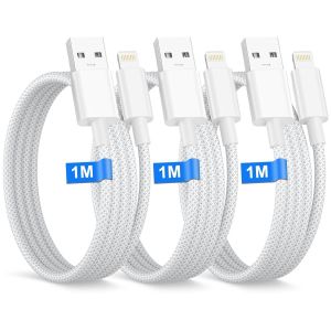 Thef-Câble Iphone Usb 1m Lot De 3 [Apple Mfi Certified], Câble Lightning Usb Pour Iphone 14 13 12 Pro Max Xr Xs 8 7 6 5 Se Ipad, Nylon Cable Iphone Charge Rapide Cable Chargeur Iphone Fil Chargeur Ip - Neuf