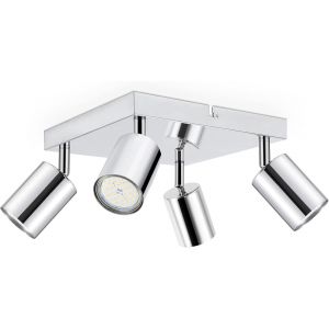 Kal-Spot Plafonnier Cuisine Chrome Poli, Plafonnier Spots Plafond Gu10 Plafonnier Led 4 Spots Orientables, Rampe Spots Modernes Avec Plaque Carrée Pour Salon Chambre Salle À Manger, Sans Ampoules - Neuf