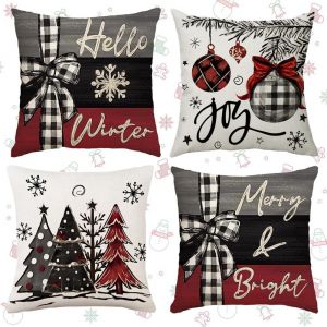 CAUC-Lot de 4 Housses de Coussin de No&euml;l,Lin D&eacute;coratif Taie d'oreiller,Housse Coussin Noel,Housse Coussin Exterieur,D&eacute;coration de No&euml;l,Housse de Canap&eacute; no&euml;l,pour Int&eacute;rieur,Canap&eacute;,45 x 45 cm - Neuf
