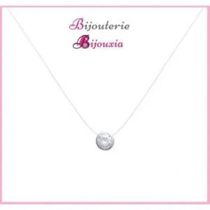 Collier - Argent Massif 925 - Pendentif Rond - Cristal Oxyde De Zirconium - Nylon - 1,10g - Neuf