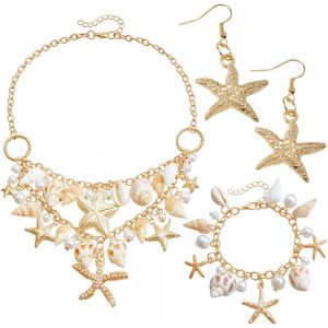 Costume De Sir&egrave;ne Femme Set, Boucles D'oreilles &Eacute;toile De Mer, Collier &Eacute;toile De Mer Coquillage, Bracelet De Perles Shell, Accessoires Deguisement Sir&egrave;ne, Carnaval Costume F&ecirc;te Th&egrave;me - Neuf