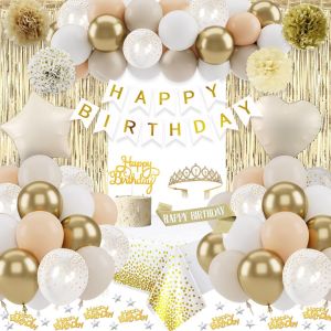 AYUHR-Anniversaire Décorations Ballon, Joyeux Anniversaire Ballons Beige Abricot Or Confettis Fourniture D'anniversaire Style Bohème Joyeux Anniversaire avec Décorations de Guirlande pour Femmes - Neuf