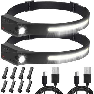 La Lampe Frontale, 2 Pièces Très Lumineux Du Capteur De Mouvement Led De Phare, 350 Lumens 6 Modes Usb Rechargeable Tête De Torches, Pour Camping Pêche, Le Jogging Et La Randonnée - Neuf
