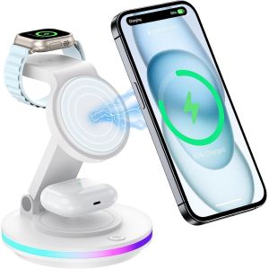 Station De Charge Mag Safe, Support De Charge Sans Fil, Station De Charge Inductive Pliable 3 En 1 Apple Watch Et Iphone 16 15 14, Support De Charge Rotatif, Chargeur Sans Fil Avec Veilleuse - Neuf