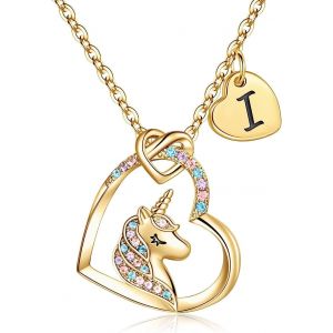 Kal-Collier De Licorne Pour Filles, Collier De Pendentif Coeur Plaqu&eacute; En Or 14 Carats Pour Filles, Avec Cz Color&eacute;e Et Un Pendentif Coeur Initial - Neuf