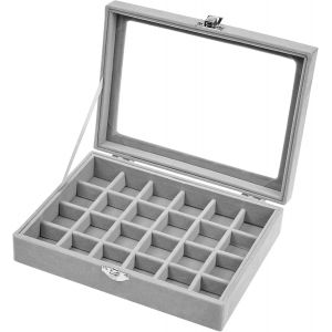 Boite A Bijoux En Velours Gris Avec 24 Compartiments Et Couvercle En Verre, Boite De Rangement A Bijoux Pour Bagues Boucles D&iquest;Oreilles Bracelets Montres Colliers - Neuf