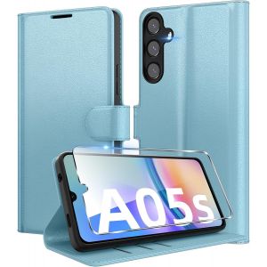 AEFJ-Coque pour Samsung Galaxy A05s + 1 Verre Trempé Protection écran,[Housse Premium en Cuir PU][Fentes pour Cartes][Pochette de Portefeuille],Etui à Rabat pour Samsung A05s - Bleu - Neuf