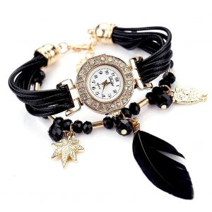 Duoya Femmes Mignon Perles Plume Artificielle Pendentif Rond Bracelet Montre-Bracelet Montre (Noir) - Neuf