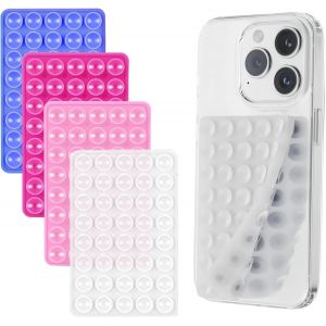 Lot de 4 ventouses en silicone double face pour t&eacute;l&eacute;phone portable pour selfies et vid&eacute;os, support &agrave; ventouse pour tous les mod&egrave;les de t&eacute;l&eacute;phones portables (transparent, noir, rose, bleu) - Neuf