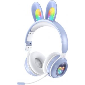 AYU-Casque Audio Enfant Bluetooth, 85dB Casque sans Fil pour Enfant, Pliable Supra-Auriculaires Écouteurs sans Fil et Filaire avec LED Oreille de Lapin et Micro pour Garçon/Fille/Tablette (Bleu) - Neuf