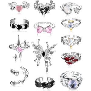 Kahfl-13pcs Y2k Bague Femme Ouvrir Bague Argent Femme Pierre De Lune Bague Reglable Femme Bague Femme Acier Inoxydable Irrégulièrement Bague Pouce Femme - Neuf