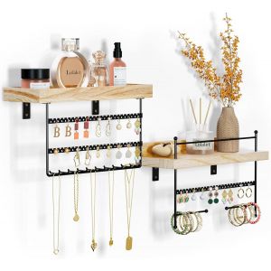 Jexnovashop-Porte Bijoux Mural, Lot De 2, Organisateur Bijoux Suspendu, Porte Boucles D&iquest;Oreille Colliers Bracelets Bagues Parfum, Pr&eacute;sentoir Bijoux Mural En Bois Naturel -Noir - Neuf