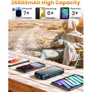 Chargeur Solaire 26800mah,Batterie Externe Sans Fil 3 Sorties Usb C Charge Rapide Qi Chargeur Portable Solaire Avec Lampe De Poche Led Pour Smartphones,Tablette Et Camping (Bleu) - Neuf