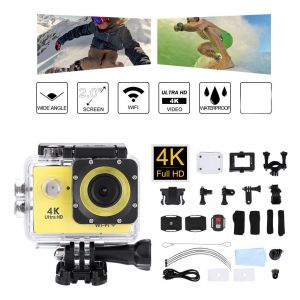 Kit d'accessoires pour boitier etanche pour camera de sport d'action Wi-Fi 4K HD (jaune) - Neuf