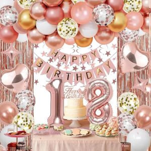 KALANKA-Décoration Anniversaire 18 Ans Fille, Ballons 18 Ans Birthday or Rose, 18 Bannière de Joyeux Birthday, Ballon Rose Fête d'Anniversaire - Neuf