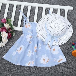 Robe D'ete Une Piece Sans Manches Avec Imprime Floral Et Chapeau De Paille Pour Bebe Fille (Bleu Clair, Taille 80) - Neuf