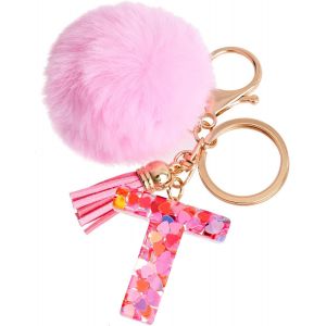 KAL-Porte-Cl&eacute;s Rose Avec Lettre Porte-Cl&eacute;s Fille Initiale Cadeau Femmes Porte-Cl&eacute;s Boule De Poils D&eacute;corer Pour Sac Sac &Agrave; Dos Porte-Clef Gland Or Porte-Clef Femme - Neuf