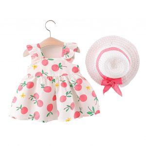 Robe A Bretelles Pour Bebe Fille, Noud, Sans Manches, Dos Nu, Robe De Princesse Moelleuse Avec Chapeau De Soleil Pliable, Rose, Taille Bebe 90 Cm - Neuf