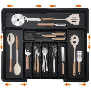 Lbgwp60-2025 Range Couverts,Rangement Couvert Extensible,Ajustable Pour Tiroir Cuisine,Organisateur Tiroirs,Range Couverts Pour Tiroir,Extensible 56 Cm Rangement Tiroir(Noir Avec Porte-Couteau) - Neuf