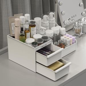 Senior-Rangement Maquillage Et 2 Tiroirs, Grande Capacit&eacute; Organisateur Maquillage Pour Dresser, Salle De Bain, Boite A Maquillage, Rangement Salle De Bain, Rangement Skincare (Blanc)[L1978] - Neuf