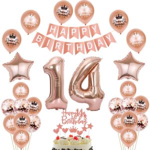 SJZG-Ballon D&eacute;coration 14 Ans Anniversaire,Or Rose Anniversaire 14 Ans Fille,D&eacute;coration - Neuf