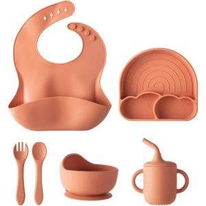 Kal-Lot De 6 Accessoires D'alimentation En Silicone Pour Bébé - Vaisselle De Qualité Alimentaire Sans Bpa - Forte Aspiration 3 Parties (Rainbow Suction Plate+Spoon+Fourchette+Bowl+Tasse À Eau+Bib) (R - Neuf