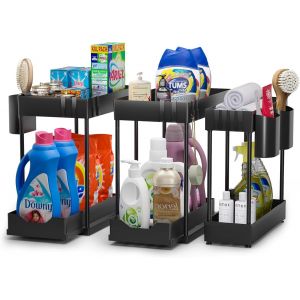 MEVRONISSHOP-Rangement sous Evier Cuisine à 2 Niveaux Lot de 3,Étagère sous Évier Rack avec 12crochet et 3gobelet Suspendu,Coulissant Organiseur sous Évier Etagere Tiroir,Noir - Neuf
