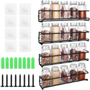 Chenquansarl-Rangement Epices Cuisine, Set De 4 Étagère À Épices, Etagere Murale Cuisine Suspendu Avec 8 Crochet Autocollant Et Vis, Peut Être Utilisé Comme Organisateur D'armoire De Cuisine Et Rack - Neuf