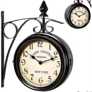 Horloge murale de gare recto verso noire au design vintage - Neuf
