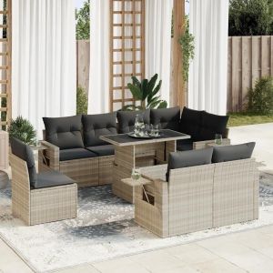 Salon De Jardin 9 Pcs Avec Coussins Gris Clair Résine Tressée - Neuf