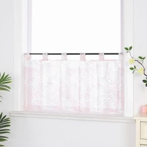Rideau Brise Bise Rideaux Cuisine Voilge avec Passants Motif de Fleurs Rose HxL 45x90cm - Neuf