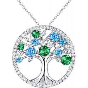 Kal-Collier Arbre De Vie En Argent Sterling 925, Collier Arbre De Vie En Zirconium Vert, Avec Boîte Cadeau, Collier Arbre De Vie Femme, Pendentif Arbre De Vie, Convient Aux Femmes - Neuf