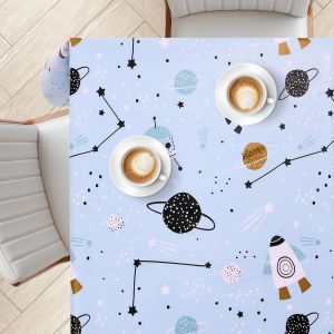 Sjzg-Nappe Carr&eacute;e En Pvc Bleu 140x140 Cm U2013 Th&egrave;me Fus&eacute;e De L`Espace Pour Enfants U2013 Housse De Table Plastique Imperm&eacute;able - Nappe Toile Cir&eacute;e En Vinyle Nettoyable &Agrave; L`&Eacute;ponge, Aventure Galacti - Neuf