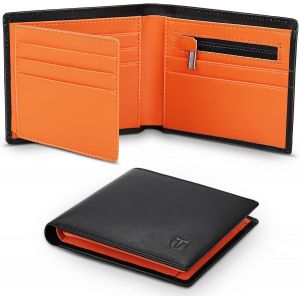 Portefeuille Homme Cuir V&eacute;ritable Anti Rfid Trifold Porte Monnaie Homme Avec 12 Porte-Carte De Cr&eacute;dit (Fen&ecirc;tre Id) ,1 Poche &Agrave; Monnaie, Classique Porte Feuille Avec Bo&icirc;te Cadeau (Noir Et Orange) - Neuf
