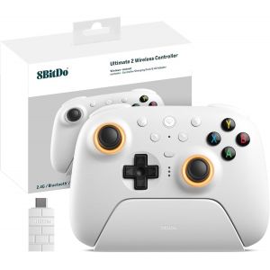 8bitdo Ultimate 2 Manette Sans Fil 2.4g Pour Pc Android, Mise Jour Tmr Joystick, Déclencheurs Tactiles/Effet Hall Commutables, Anneau Feu Rvb, Manette Jeu Sans Fil 8speed Avec Station Charge, Blanc - Neuf