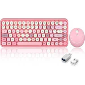 Periduo-713 Ensemble Souris Et Mini Clavier Sans Fil 2,4 Ghz, Touches Rondes Style R&eacute;tro, Pour Pc Et Tablette, Rose Pastel, Espagnol Qwerty.. - Neuf