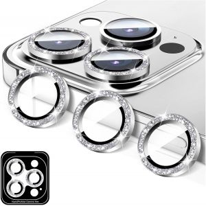 Protecteur D'objectif D'appareil Photo Pour Iphone 13 Pro/Iphone 13 Pro Max, Coque D'appareil Photo En Verre Trempé 9h Pailleté, Anneaux Métalliques Individuels À Alignement Automatique - Neuf