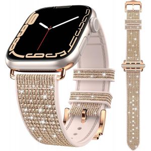 Glitter Band For Apple Watch Series 42mm 44mm 45mm 46mm 49mm, Adjustable Rhinestone Watchband For Women And Girls, Silicone Watch Band For Iwatch 10 9 8 7 6 5 Ultra Se (Rose Gold) - Neuf