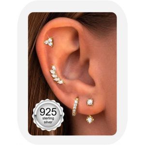 4 Paires Boucles D'oreilles Femme Argent 925 Plaquée Or 14k Créoles Argent Boucles D'oreilles Zircon Piercing Oreille Cartilage Boucles D'oreilles Femme Or Pour Piercings Multiples.[X1651] - Neuf