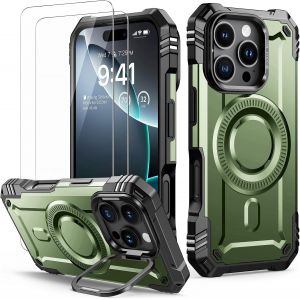 Maa-Coque Pour Iphone 16 Pro Max Avec 2 Verre Trempé Pour Magsafe, Magnétique Antichoc Militaire Protection, Support Anneau Pour Caméra Renforcée Housse, Vert - Neuf