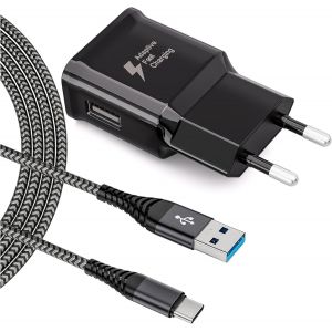 KALANKA-Chargeur Type C Charge Rapide pour Samsung Galaxy A13 A14 A15 A23 A25 A33 A34 A40 A52 A53 A54 A55 A04S S8 S9 S10 S20 S21 Plus M55 M34, Adaptateur Secteur avec 2 m Nylon Tress&eacute; C&acirc;ble USB C ver - Neuf